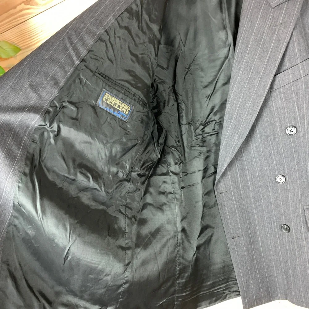 Double Breasted Fabrizio Cellini Blazer Men 44R Grey Pinstripe Pure New Wool VTG